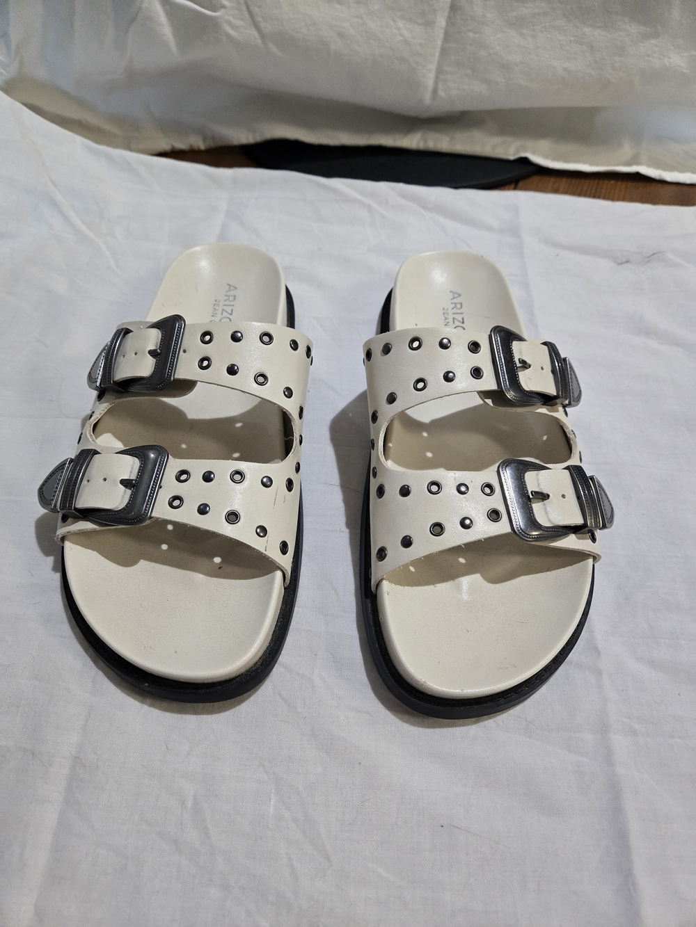 Arizona Jean Company Cream Double-Buckle Studded Slide Sandals